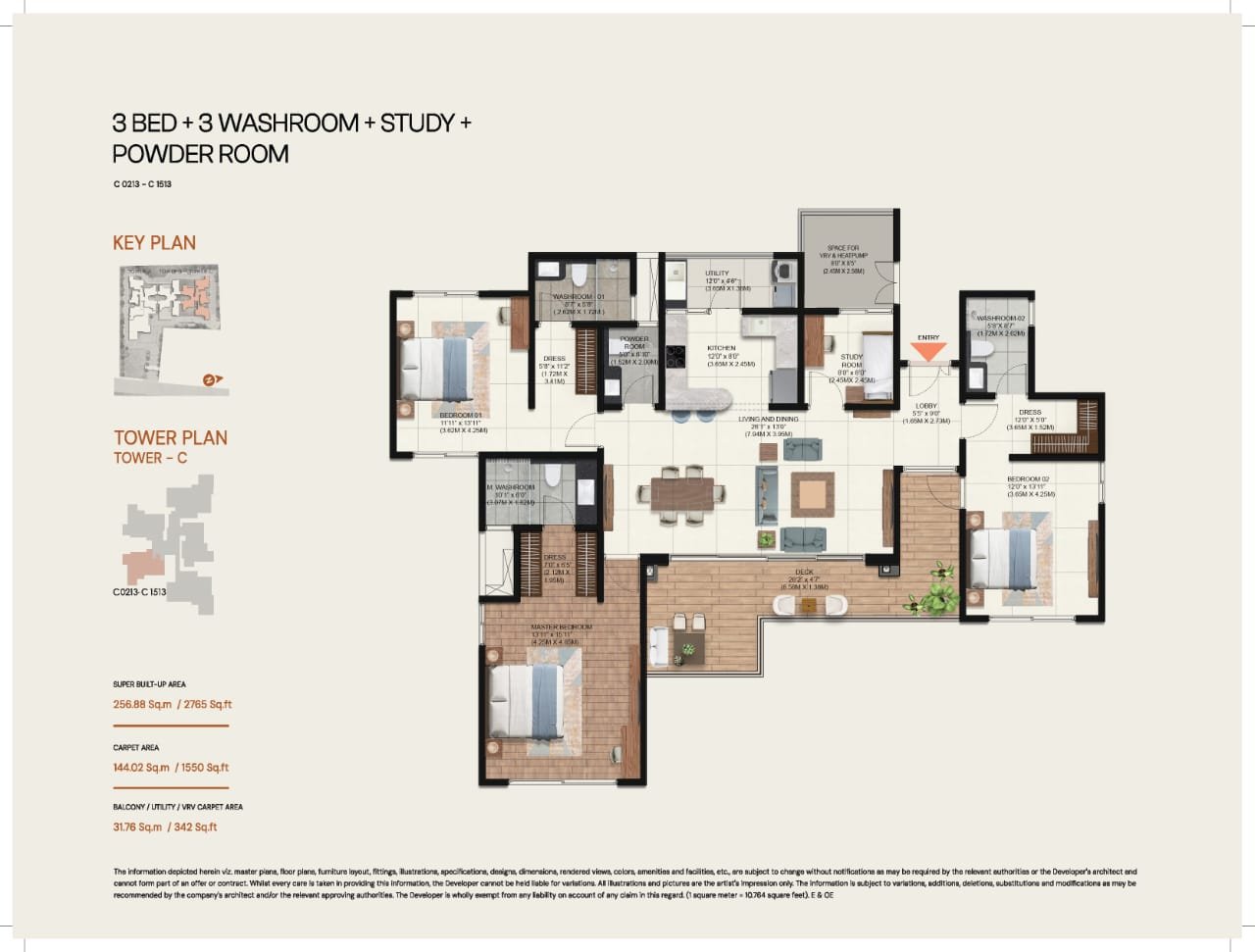 Brigade Avalon Whitefield 3 BHK + Study + Powder Room floor plan, 2765 sq.ft
