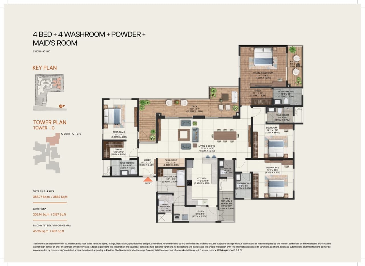 Brigade Avalon Whitefield 4 BHK + Maid's Room floor plan, 3862 sq.ft